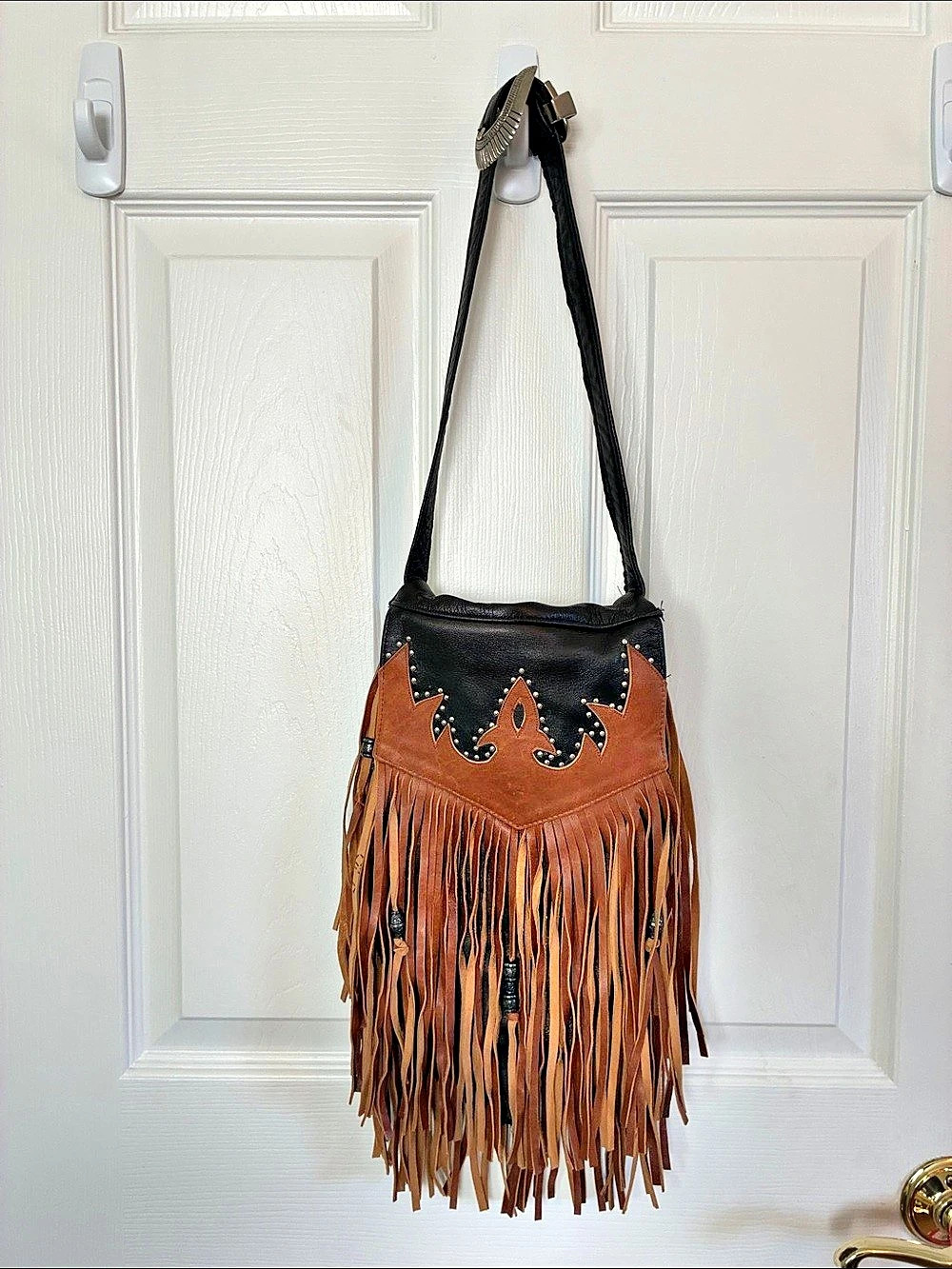 Tribe America Leather Fringe Shoulder Bag in Black & Brown